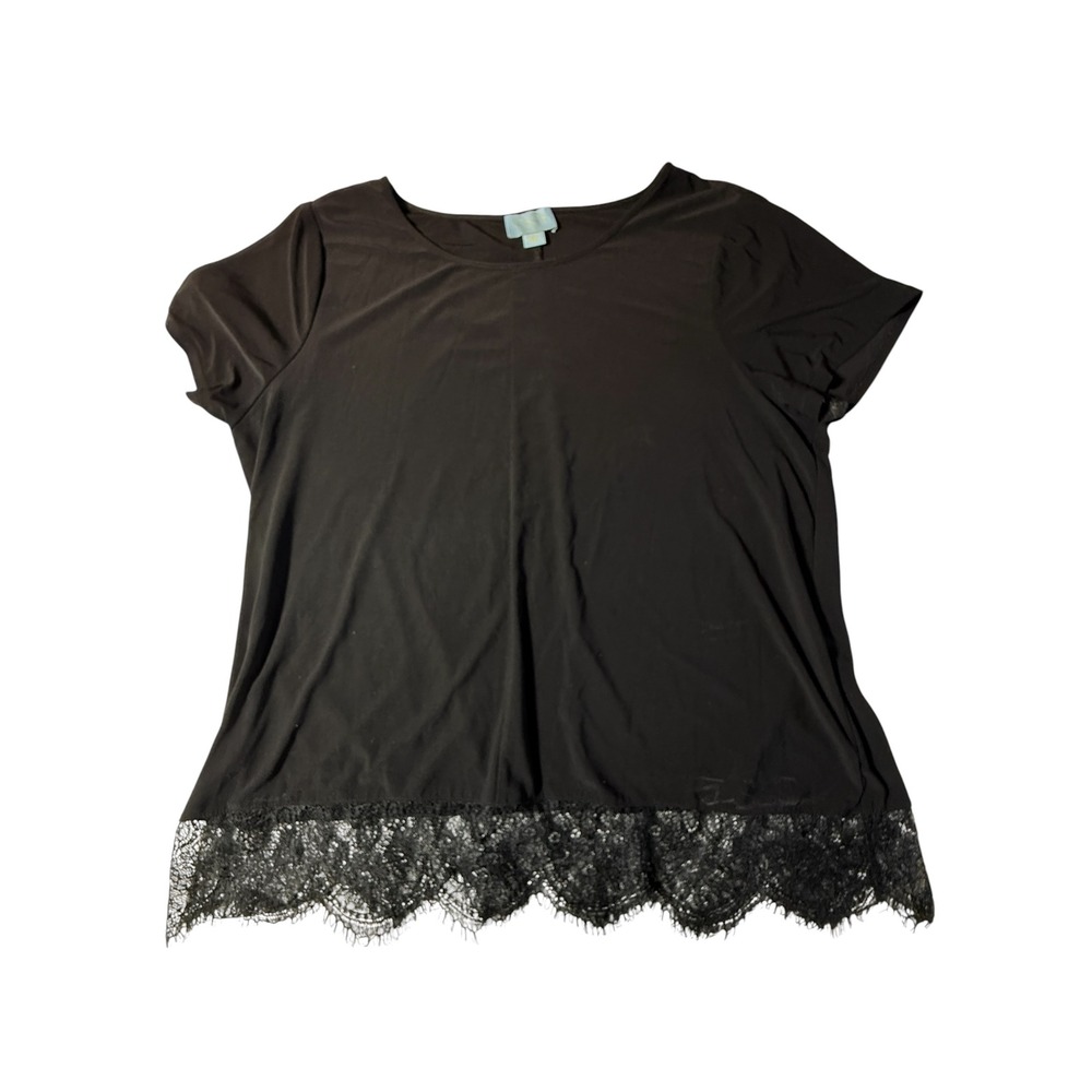 CeCe Black Lace Trim Top Large Womens Short Sleeve Scoop Neck